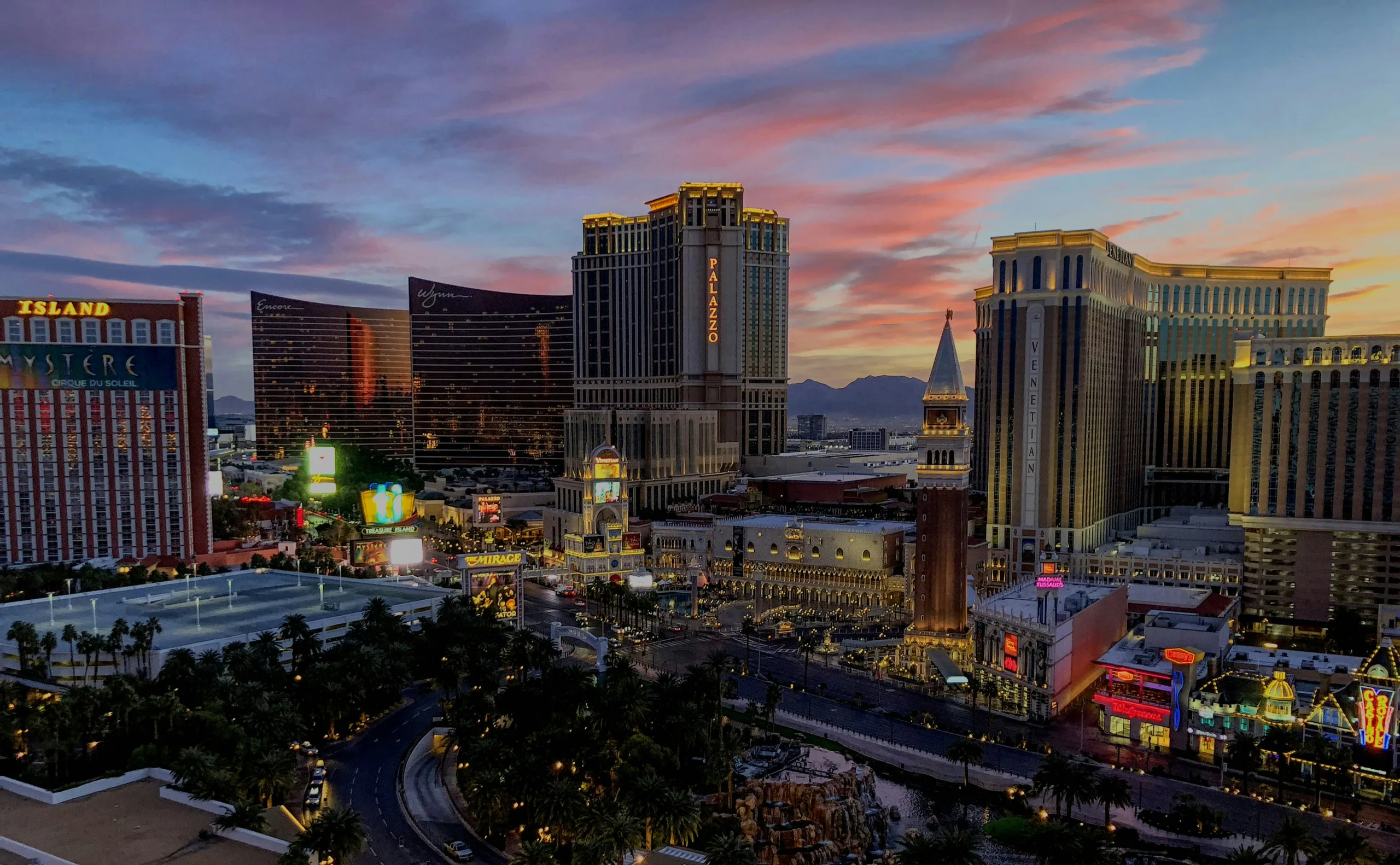 The Vegas skyline in the early evening with the Mirage in the forefront